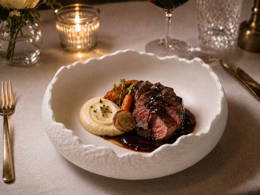 Sliced steak and mashed potatoes in a white textured bowl, featuring our durable dinnerware and best chinaware.