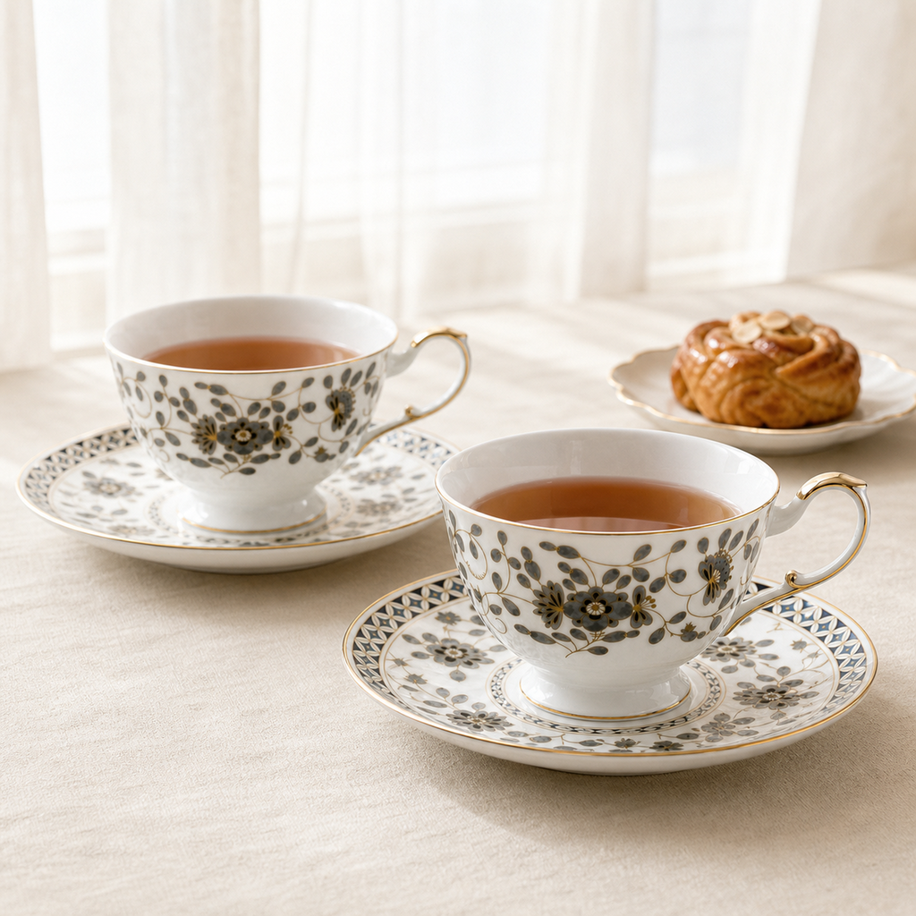 Nocturne Bloom Teacup & Saucer Set — 2 × 210 ml