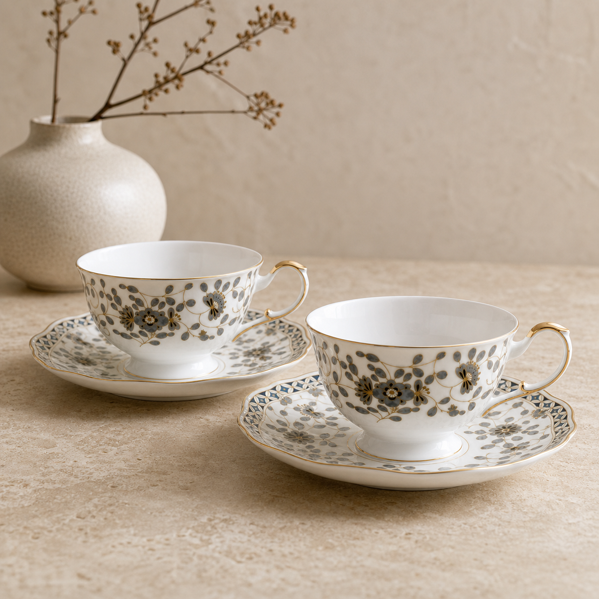 Nocturne Bloom Teacup & Saucer Set — 2 × 210 ml