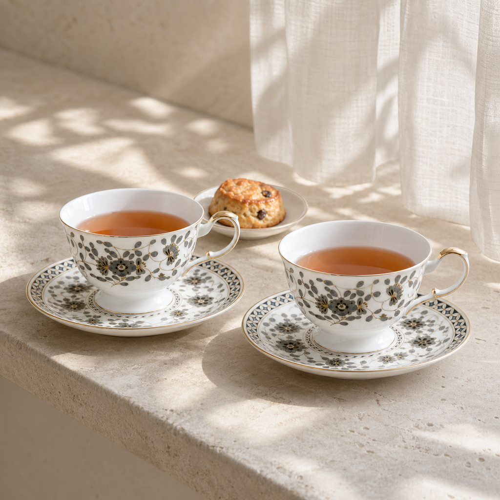 Nocturne Bloom Teacup & Saucer Set — 2 × 210 ml