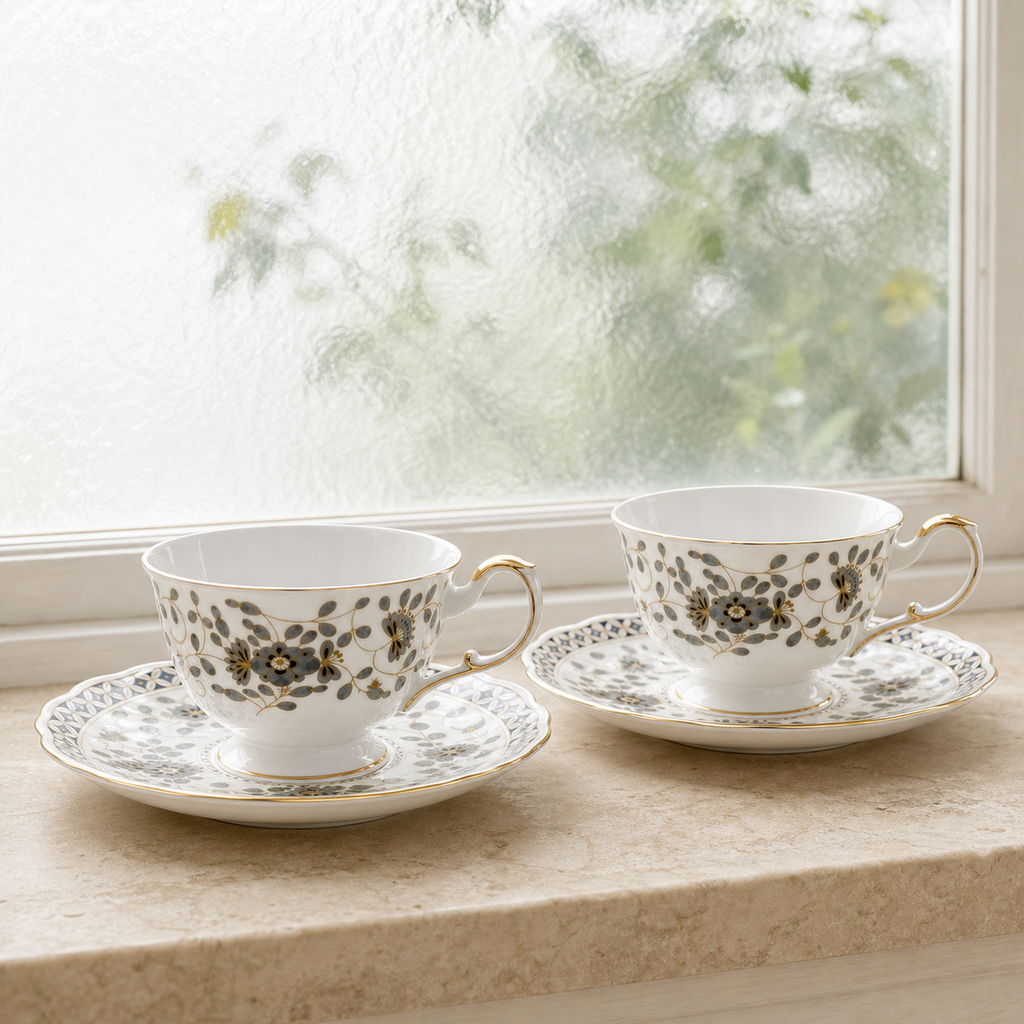 Nocturne Bloom Teacup & Saucer Set — 2 × 210 ml
