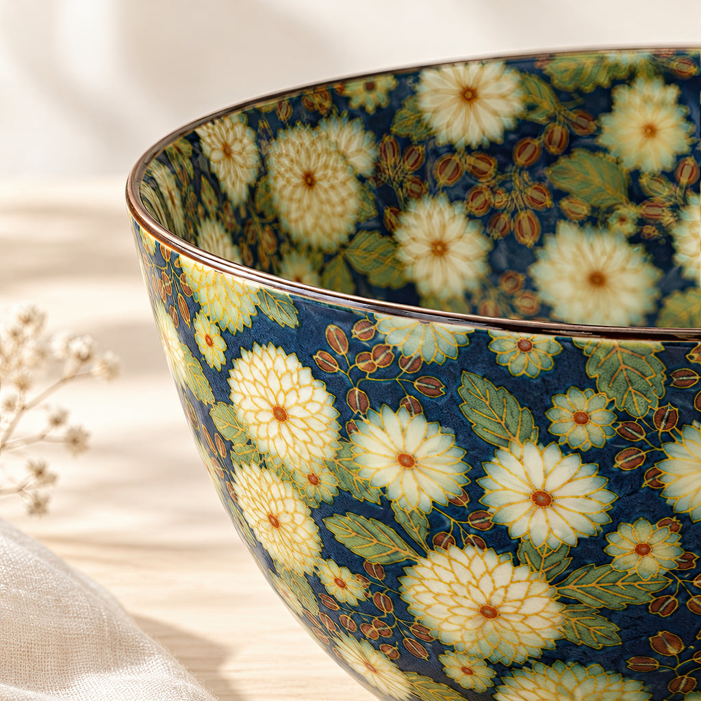 Hana Karakusa Chrysanthemum Bowl — Blue — floral ceramic close-up