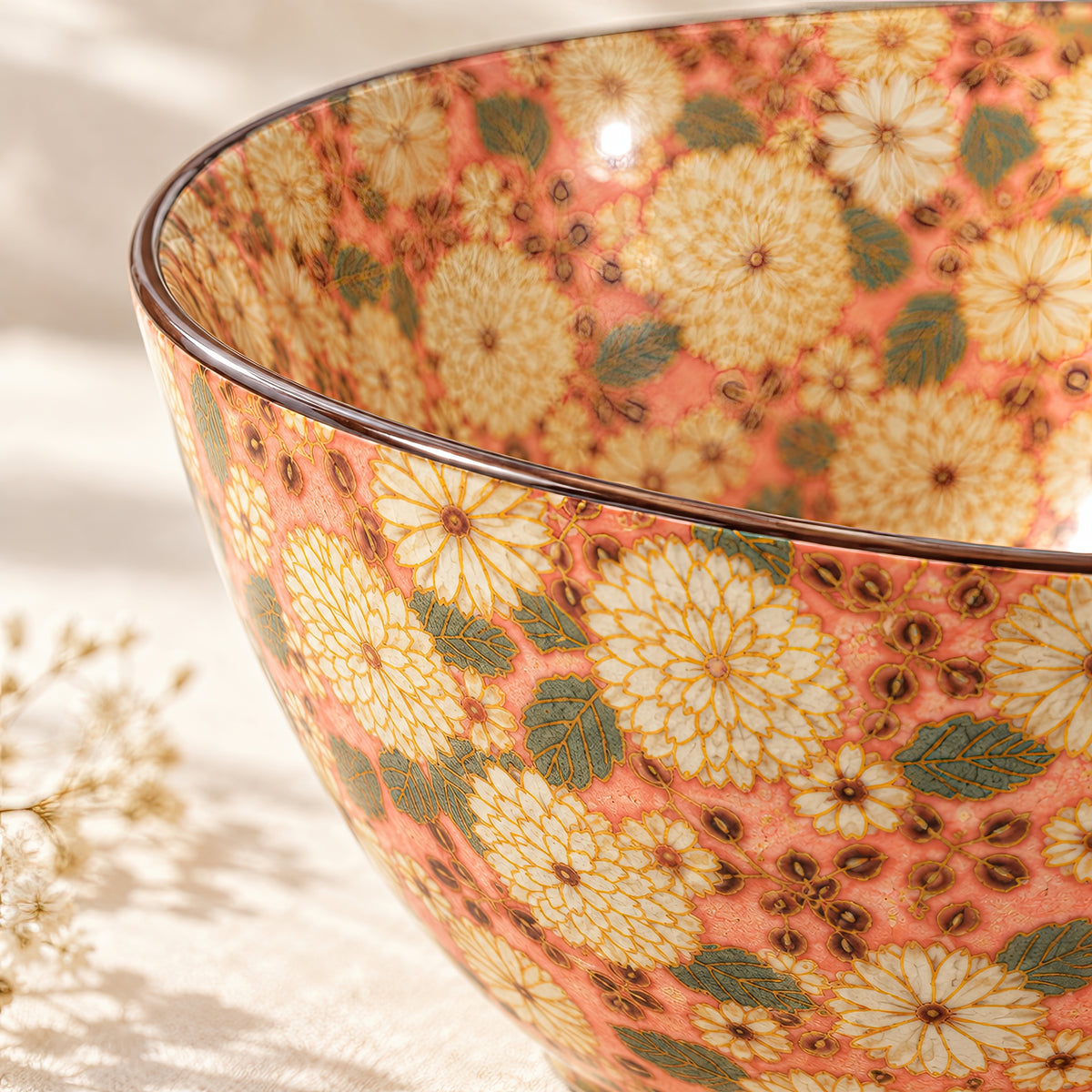 Hana Karakusa Chrysanthemum Bowl — Pink — chrysanthemum ceramic bowl close-up