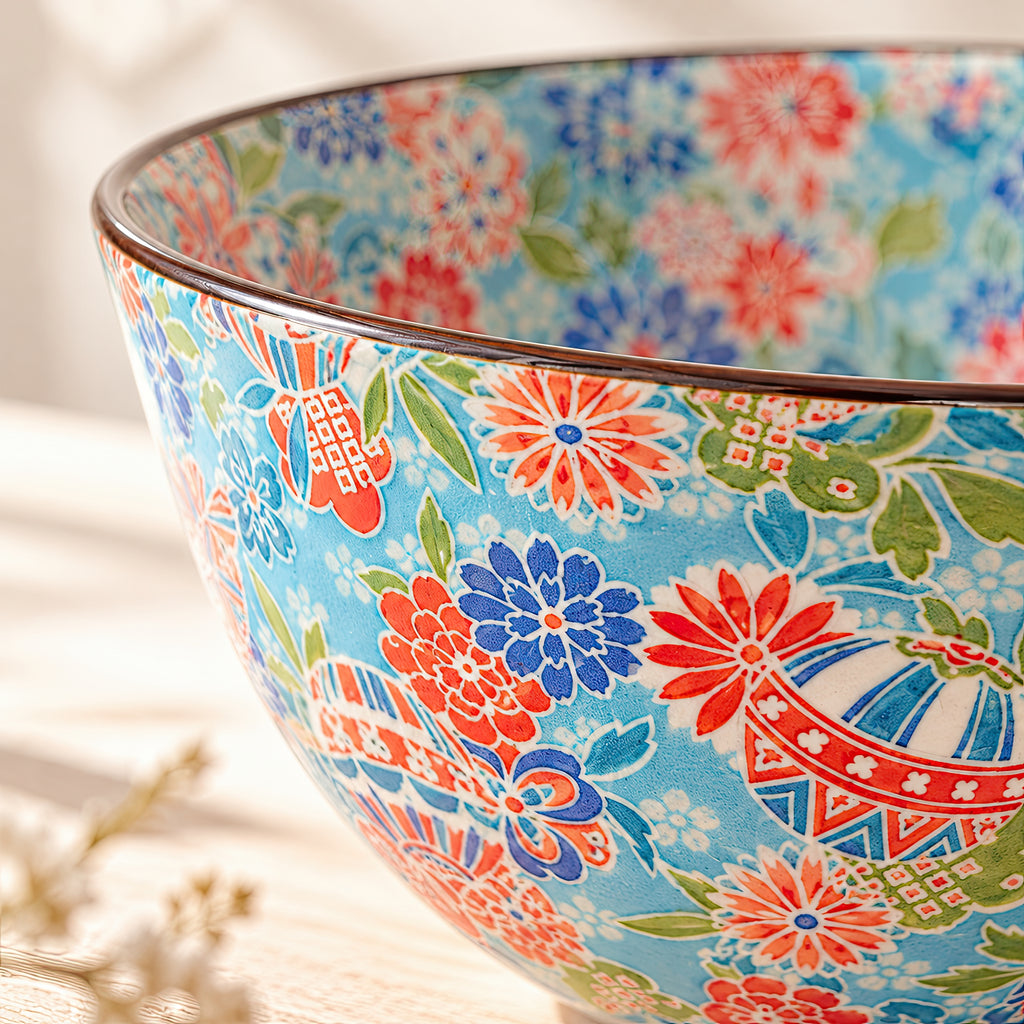 Hana Karakusa Temari Floral Bowl — Blue — floral ceramic close-up
