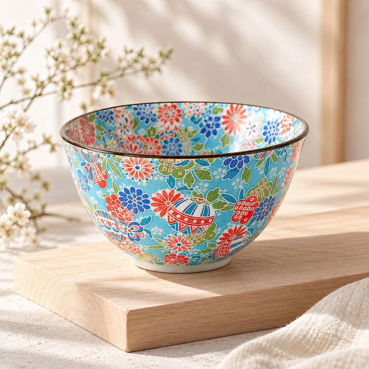Hana Karakusa Bowl B Blue — Japanese ceramic floral bowl