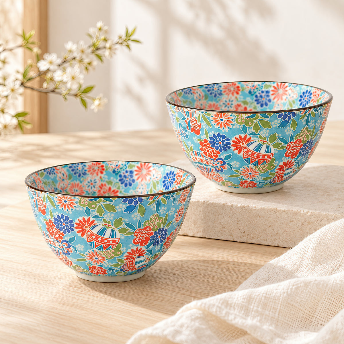 Hana Karakusa Bowl B Blue — Japanese ceramic floral bowl