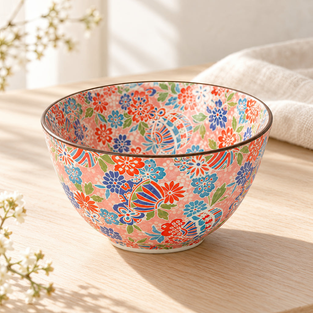 Hana Karakusa Bowl B Pink Temari floral ceramic bowl