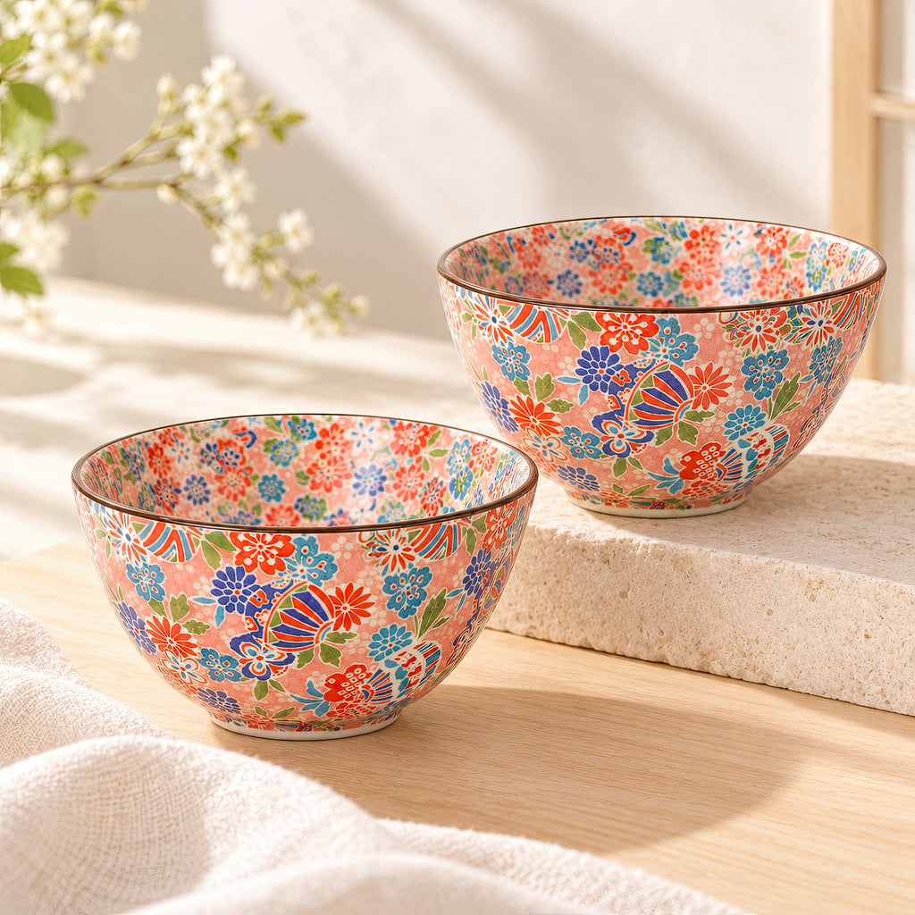 Hana Karakusa Bowl B Pink Temari floral ceramic bowl