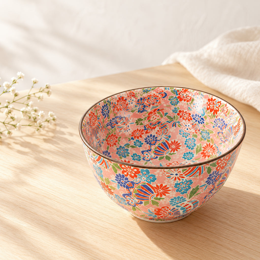Hana Karakusa Bowl B Pink Temari floral ceramic bowl