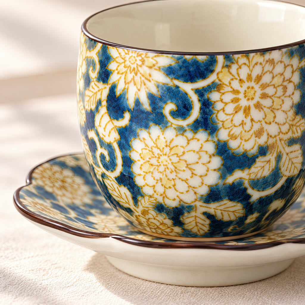Hana Karakusa Arabesque Japanese Tea Cup & Stand — Blue — floral tea cup and matching stand close-up