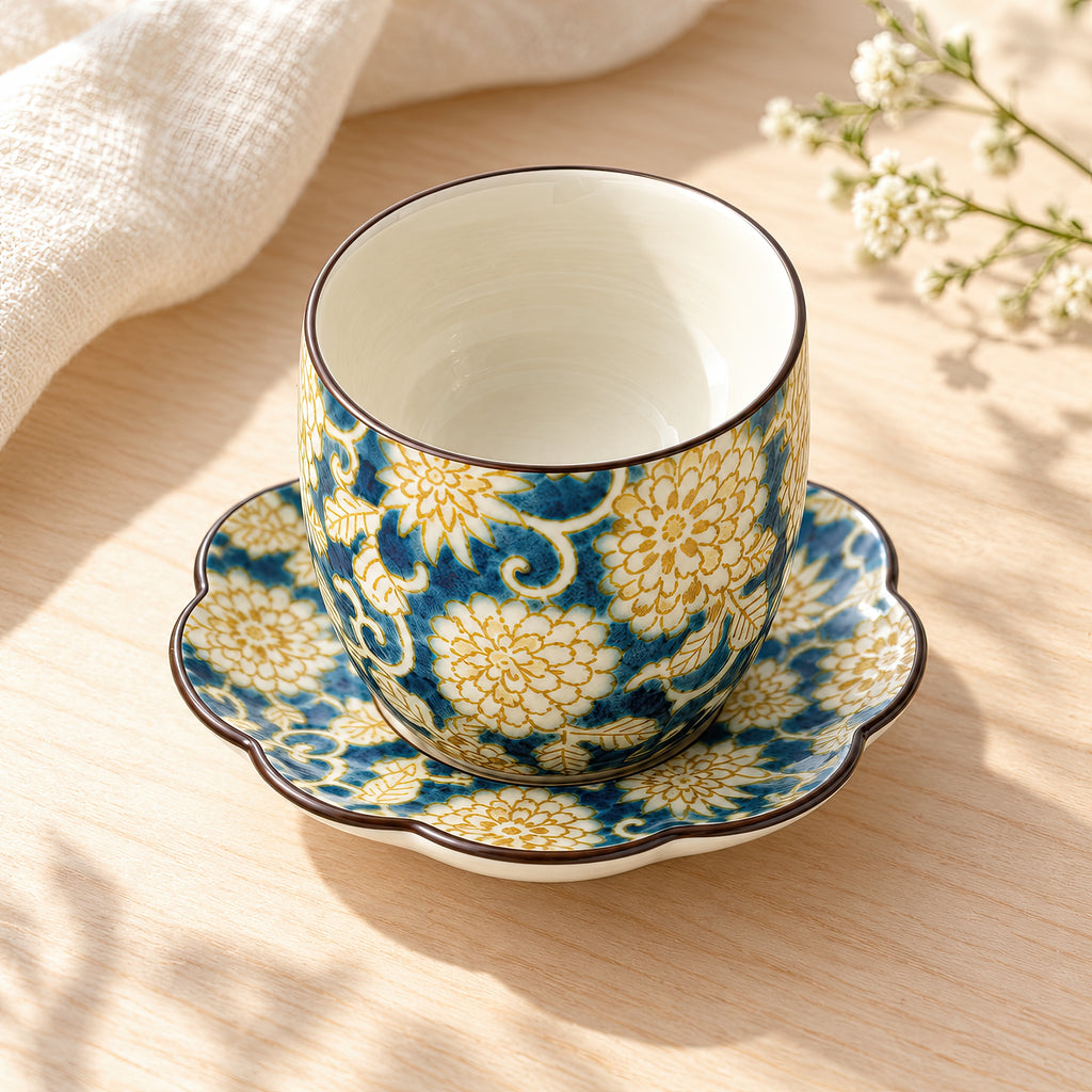 Hana Karakusa Japanese Tea Cup A Blue with matching tea stand