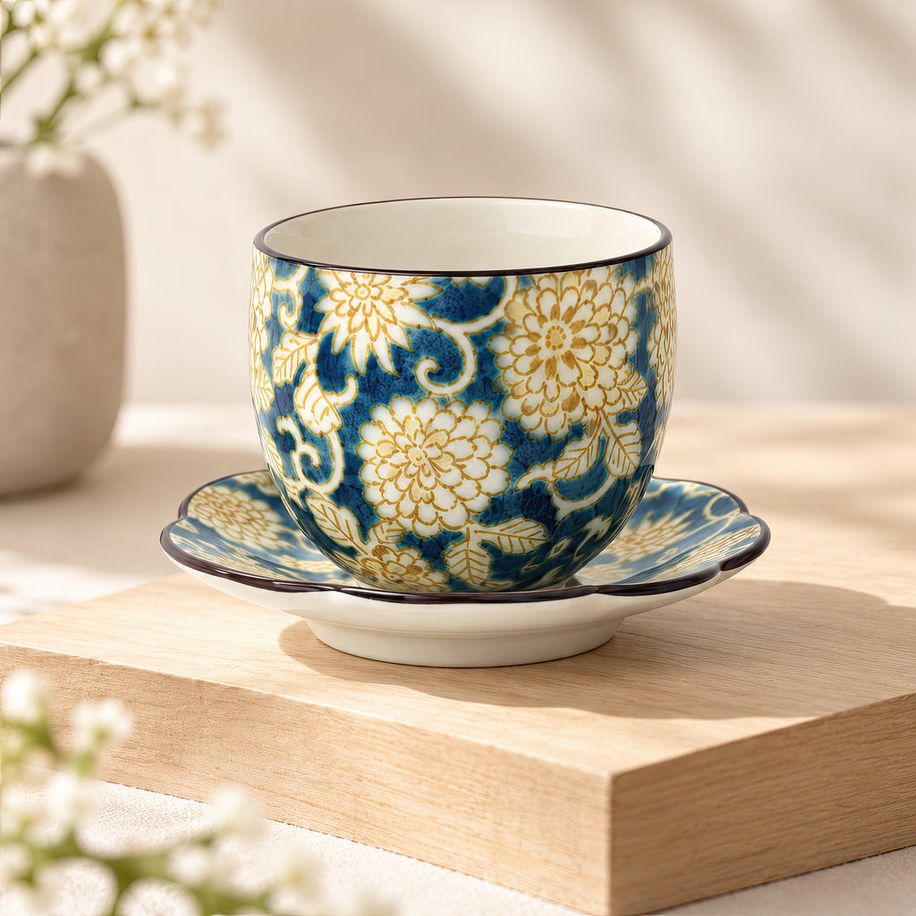 Hana Karakusa Japanese Tea Cup A Blue with matching tea stand