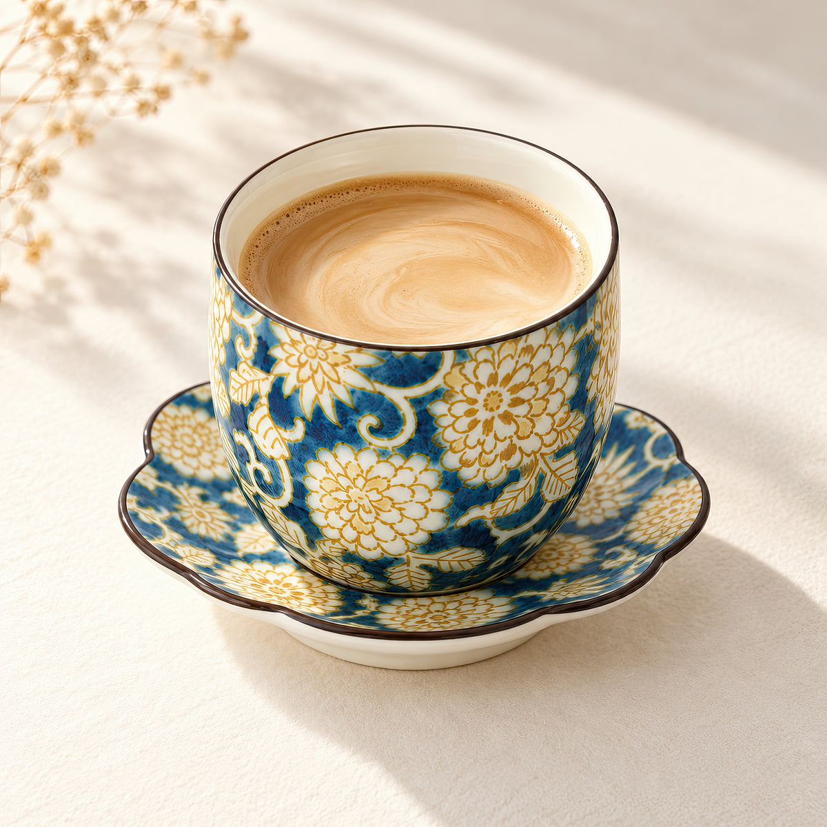 Hana Karakusa Japanese Tea Cup A Blue with matching tea stand