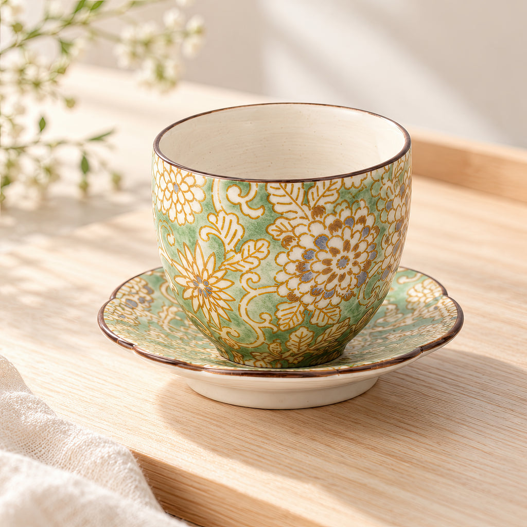 Hana Karakusa Japanese Tea Cup A Green with matching tea stand