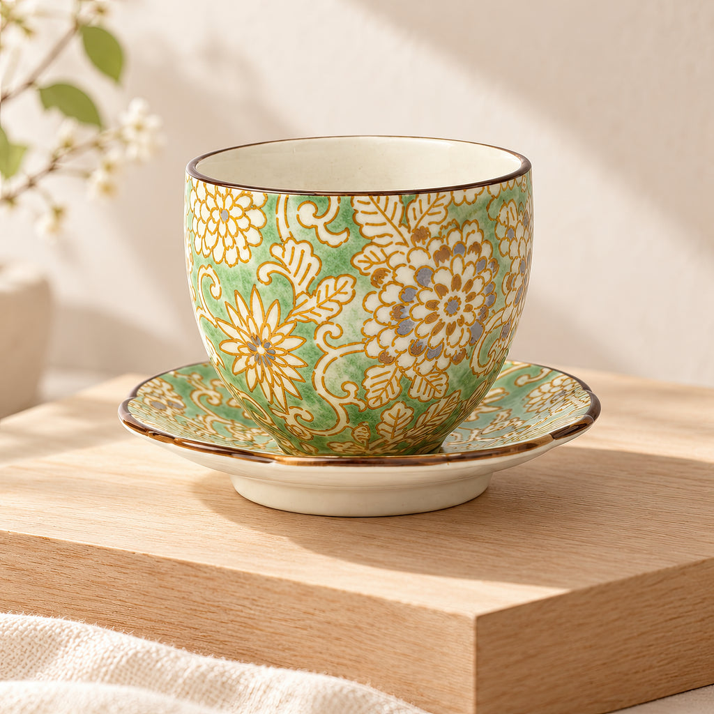 Hana Karakusa Japanese Tea Cup A Green with matching tea stand
