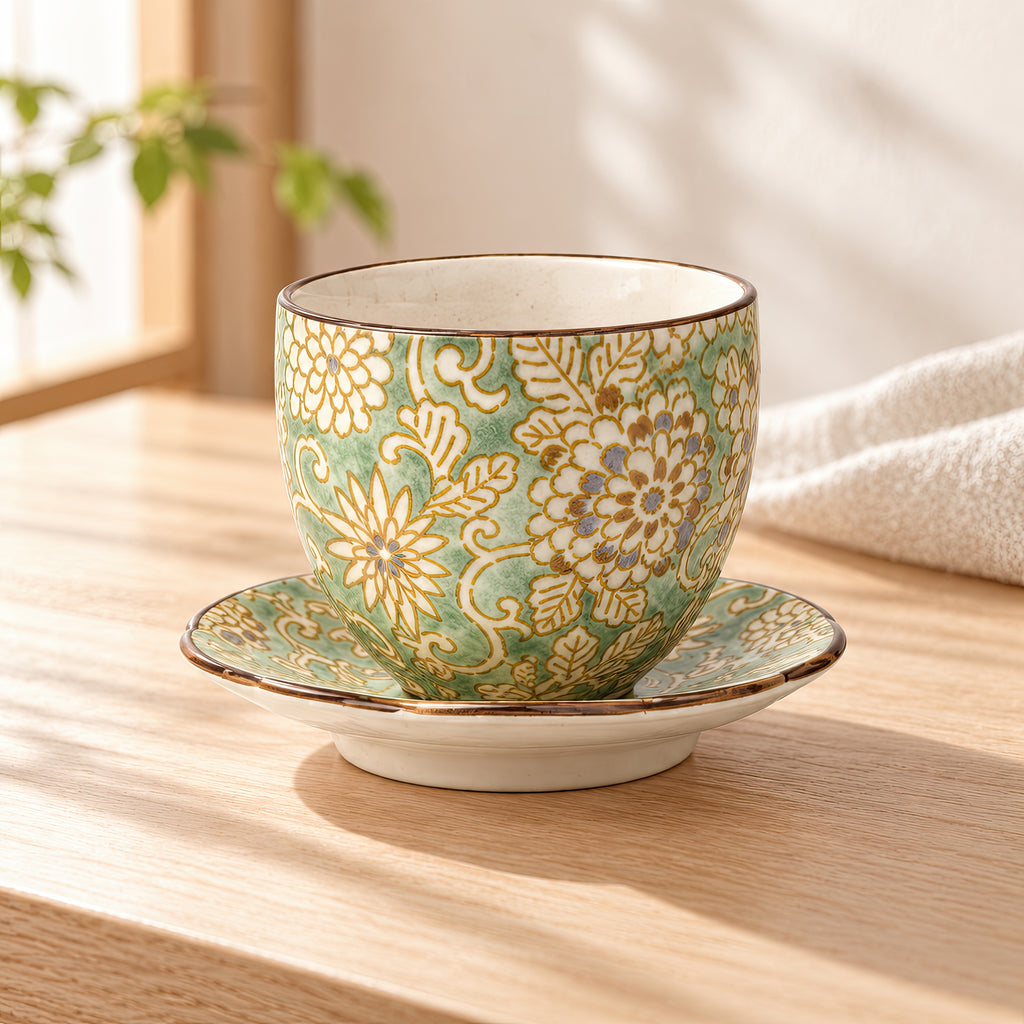 Hana Karakusa Japanese Tea Cup A Green with matching tea stand