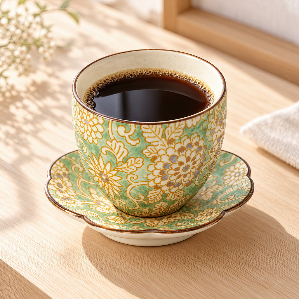 Hana Karakusa Japanese Tea Cup A Green with matching tea stand