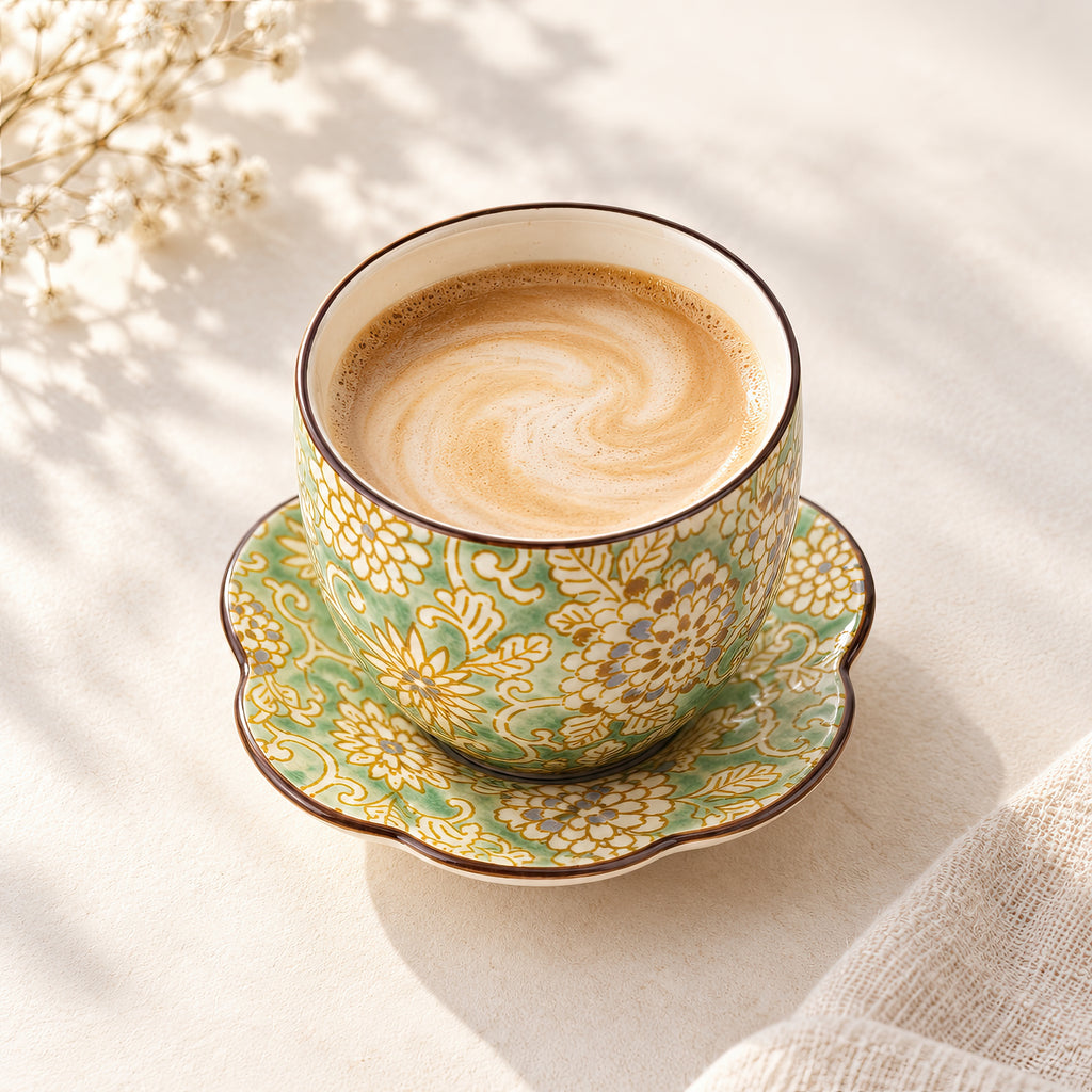 Hana Karakusa Japanese Tea Cup A Green with matching tea stand