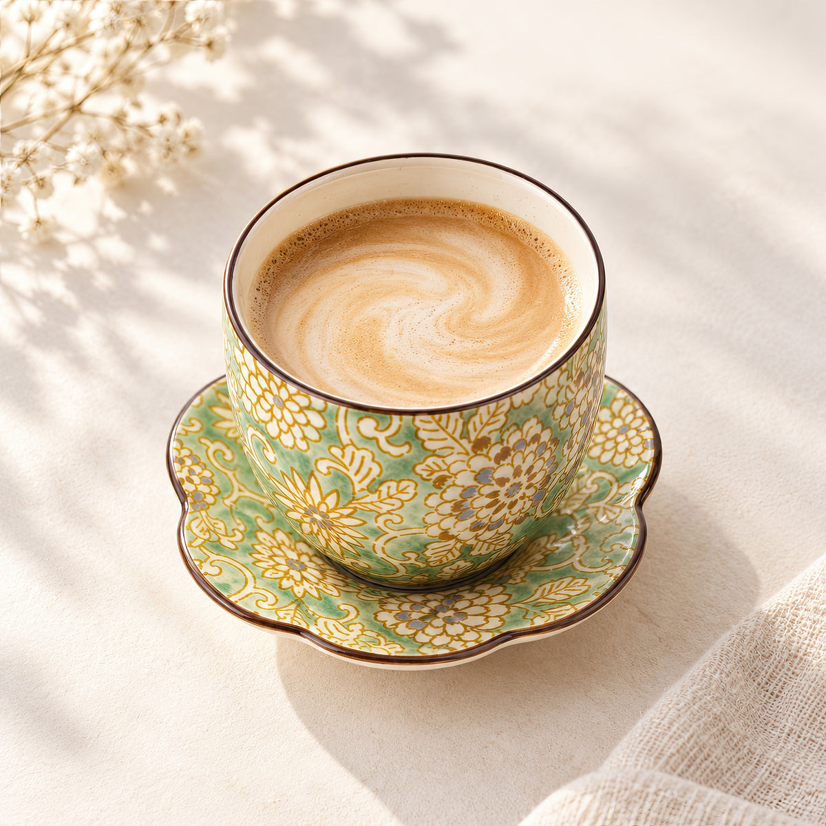 Hana Karakusa Japanese Tea Cup A Green with matching tea stand