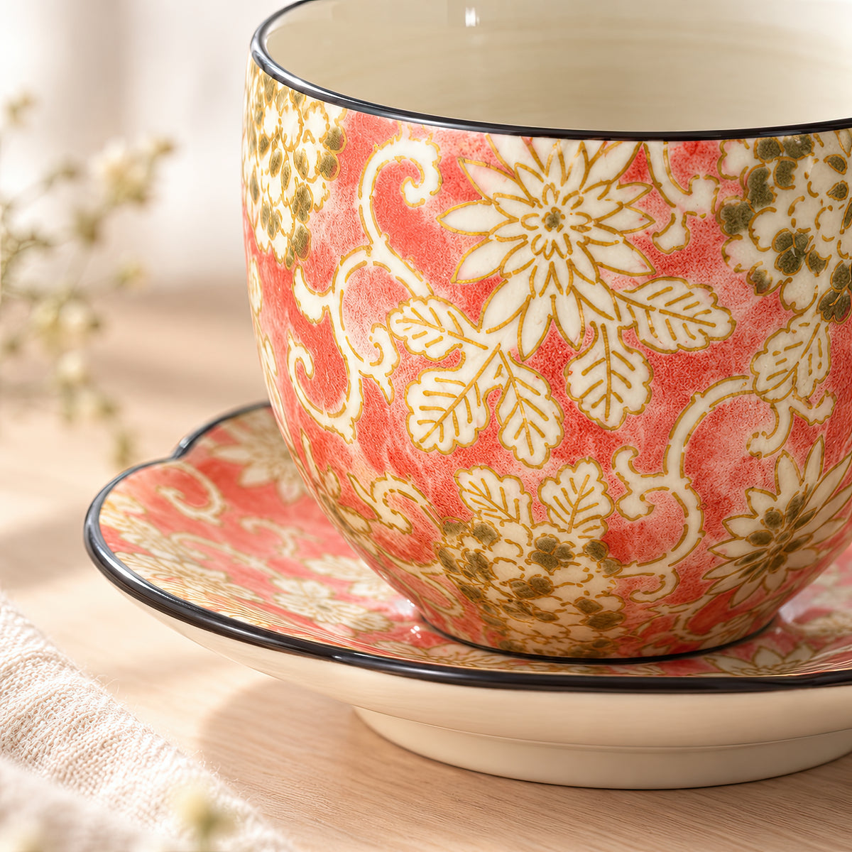 Hana Karakusa Arabesque Japanese Tea Cup & Stand — Pink — Japanese floral tea cup and matching tea stand close-up