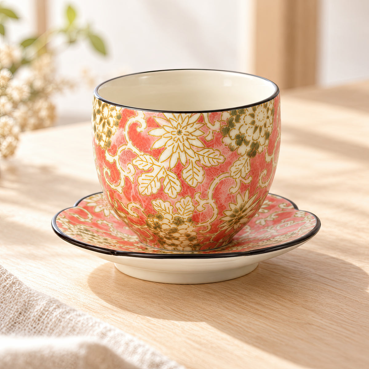 Hana Karakusa Japanese Tea Cup A Pink with matching tea stand