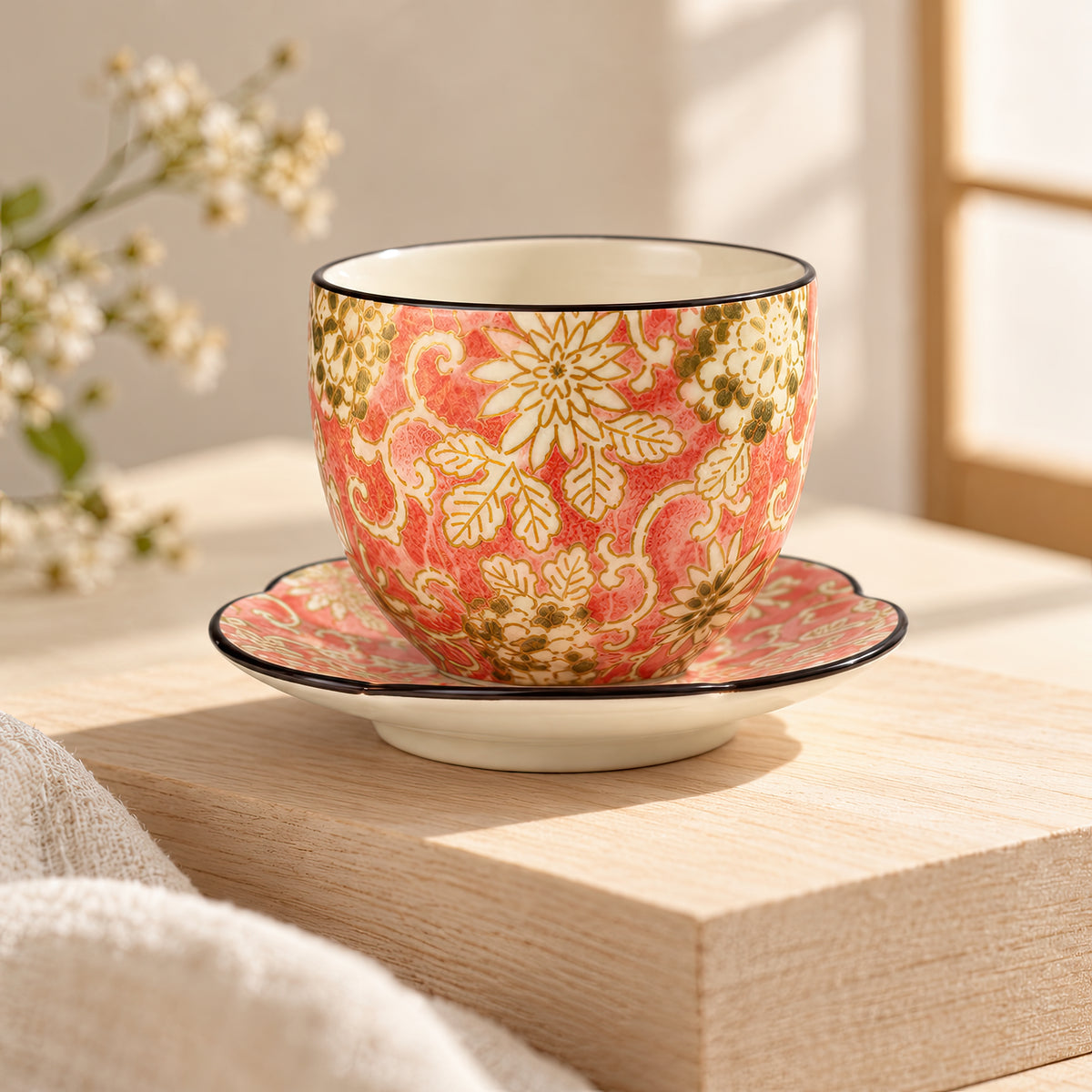 Hana Karakusa Japanese Tea Cup A Pink with matching tea stand