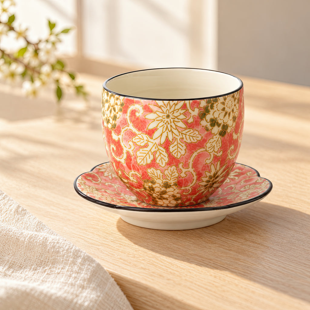 Hana Karakusa Japanese Tea Cup A Pink with matching tea stand