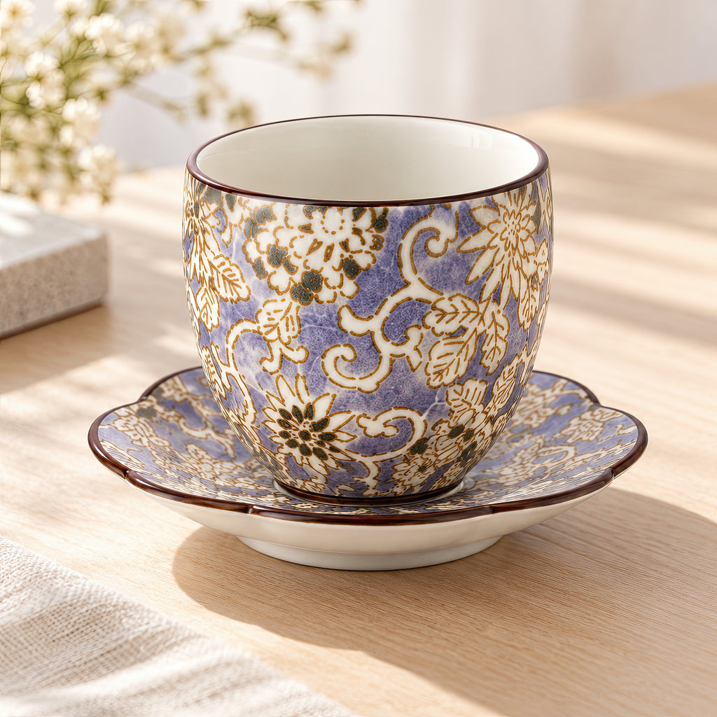 Hana Karakusa Japanese Tea Cup B Purple and matching tea stand