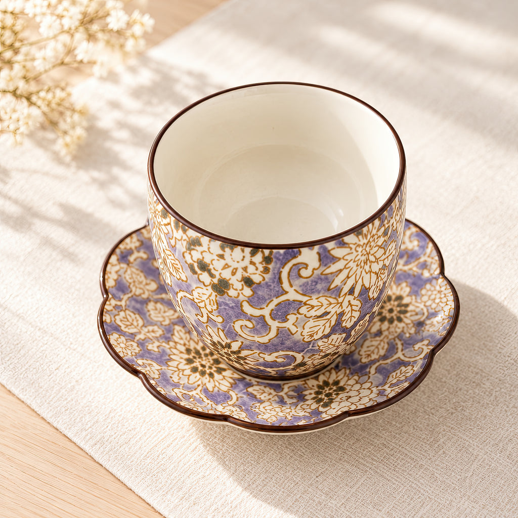 Hana Karakusa Japanese Tea Cup B Purple and matching tea stand