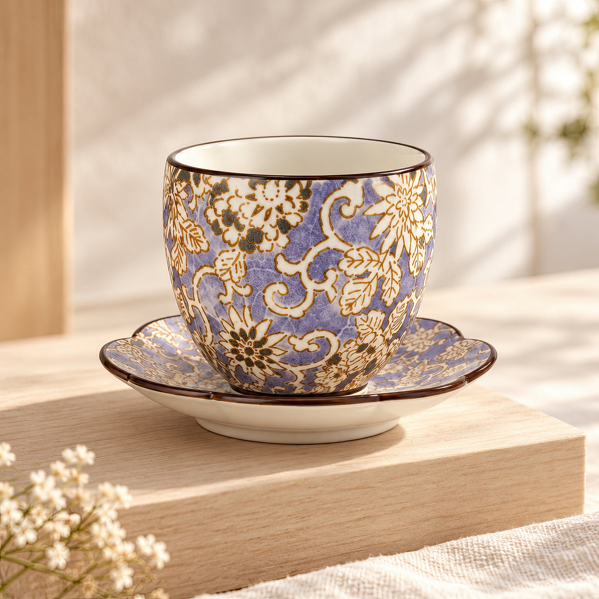 Hana Karakusa Japanese Tea Cup B Purple and matching tea stand