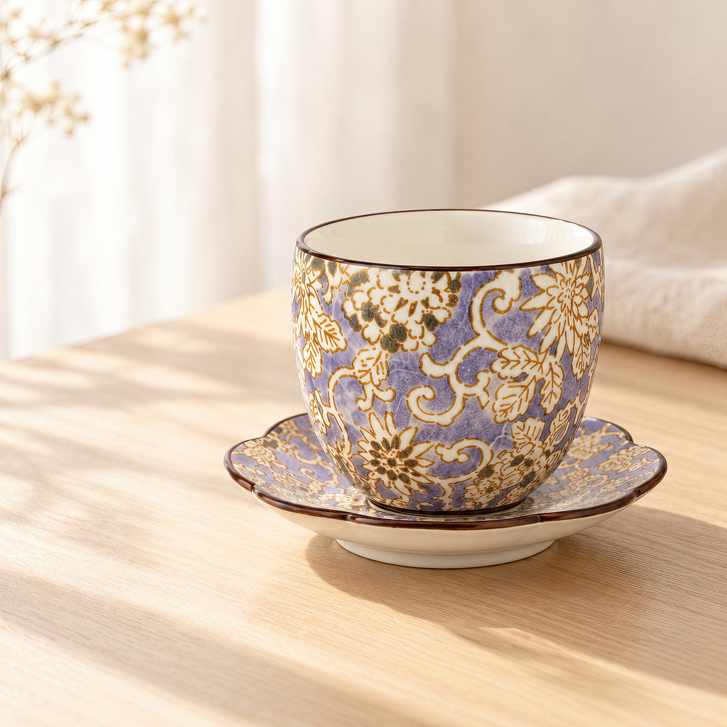 Hana Karakusa Japanese Tea Cup B Purple and matching stand