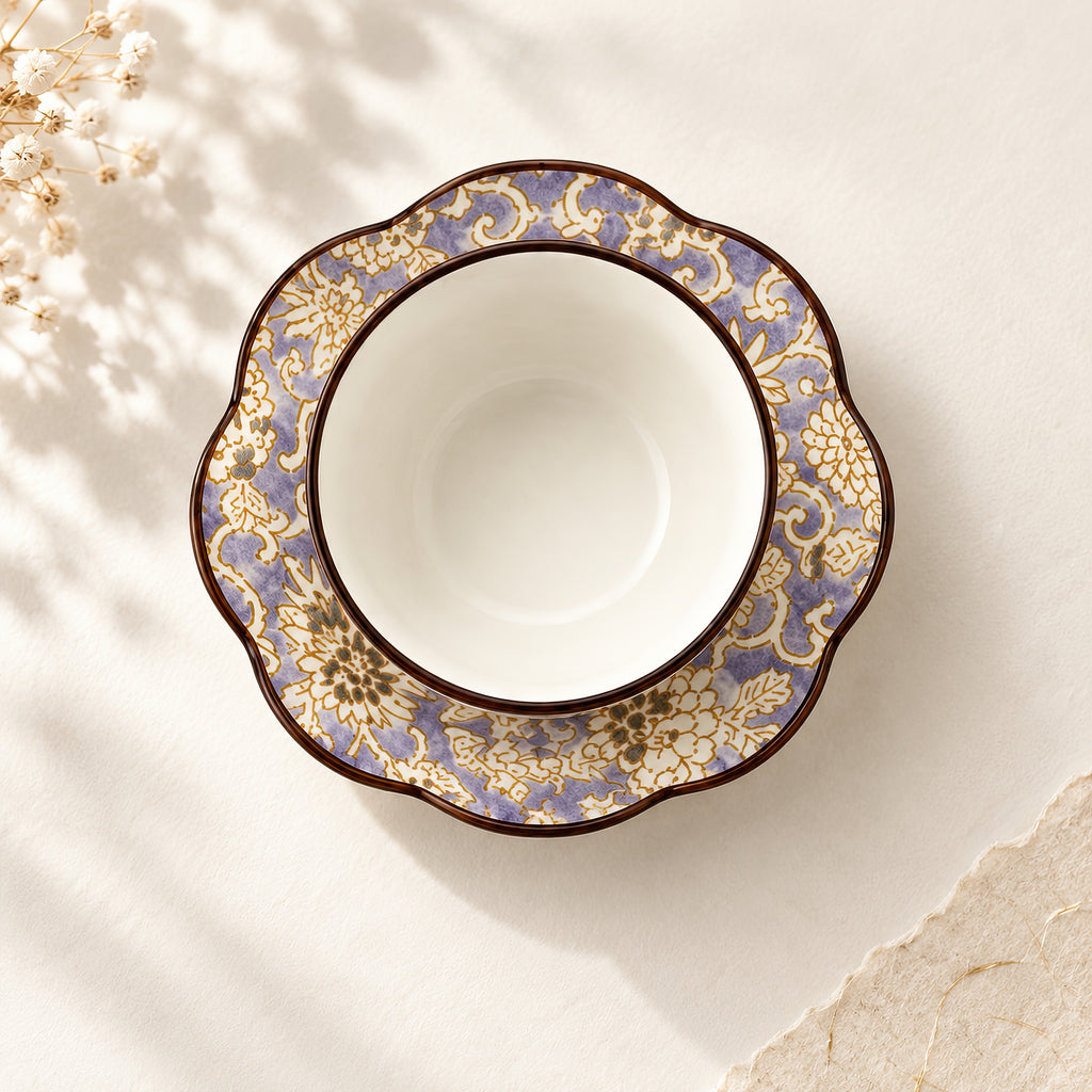 Hana Karakusa Japanese Tea Cup B Purple and matching stand