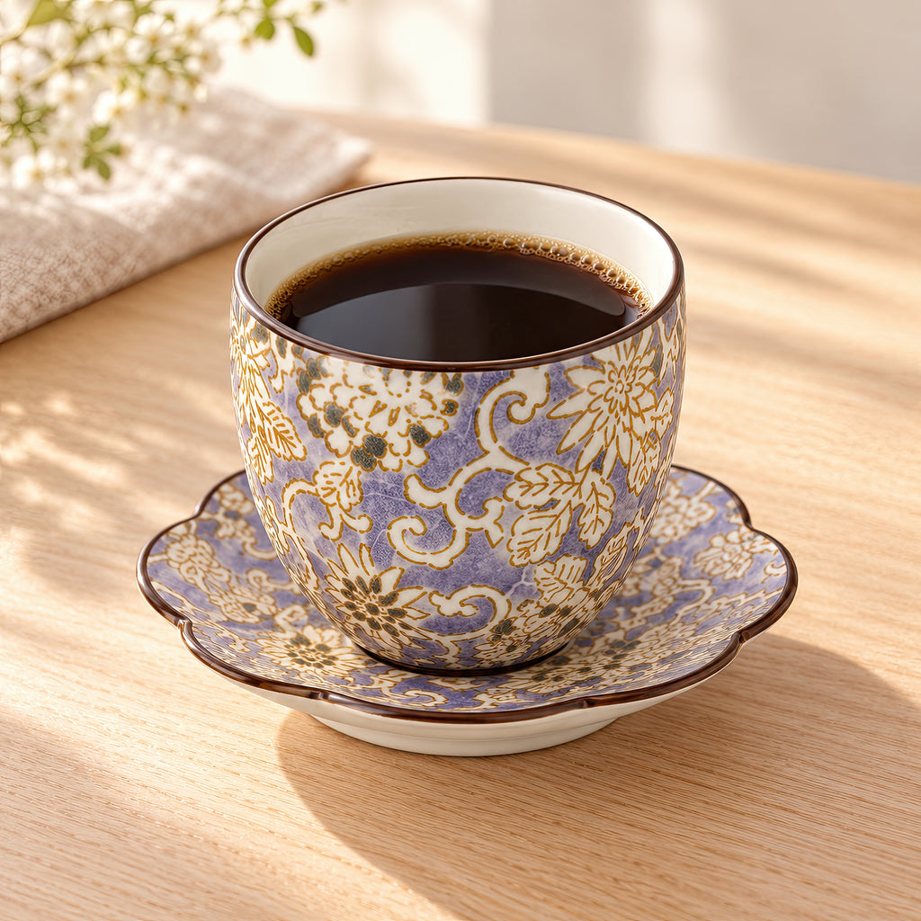 Hana Karakusa Japanese Tea Cup B Purple and matching stand