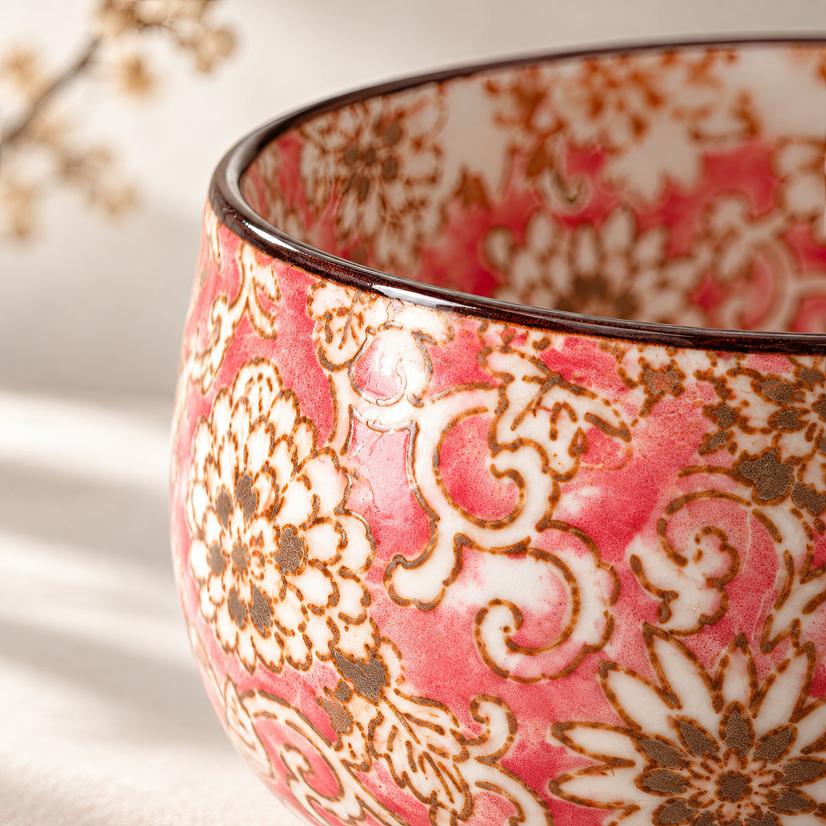 AURASSEL Hana Karakusa Mini Cup in Pink — floral ceramic close-up