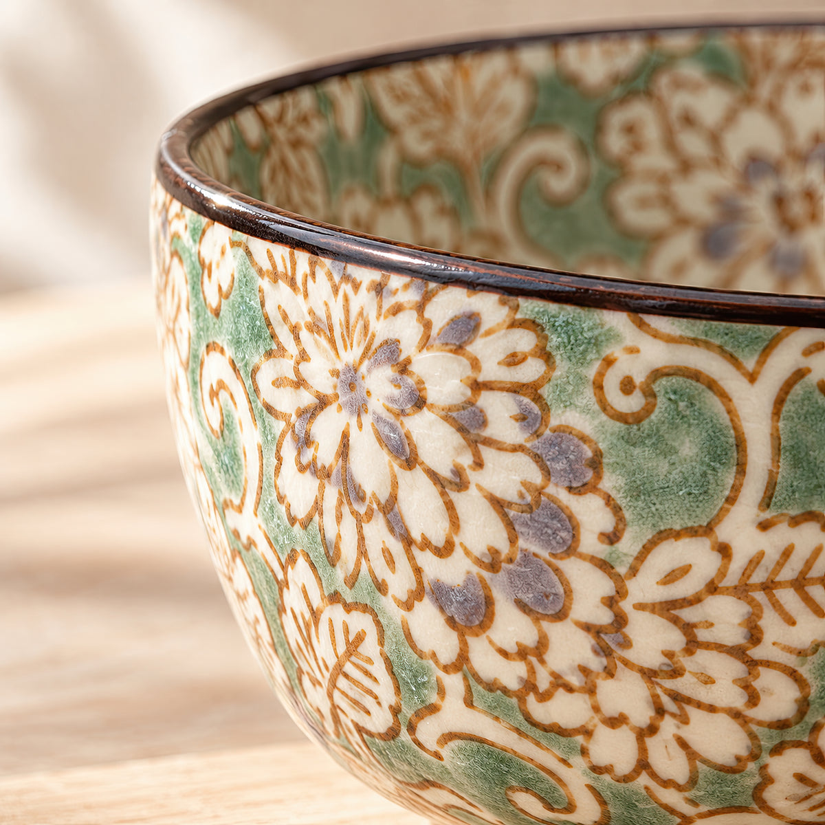 Hana Karakusa Mini Cup — Yellow Green — floral ceramic close-up