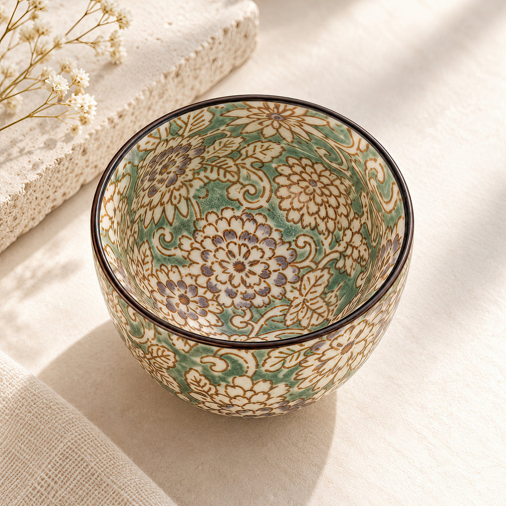 Hana Karakusa Mini Cup Yellow Green Japanese floral ceramic