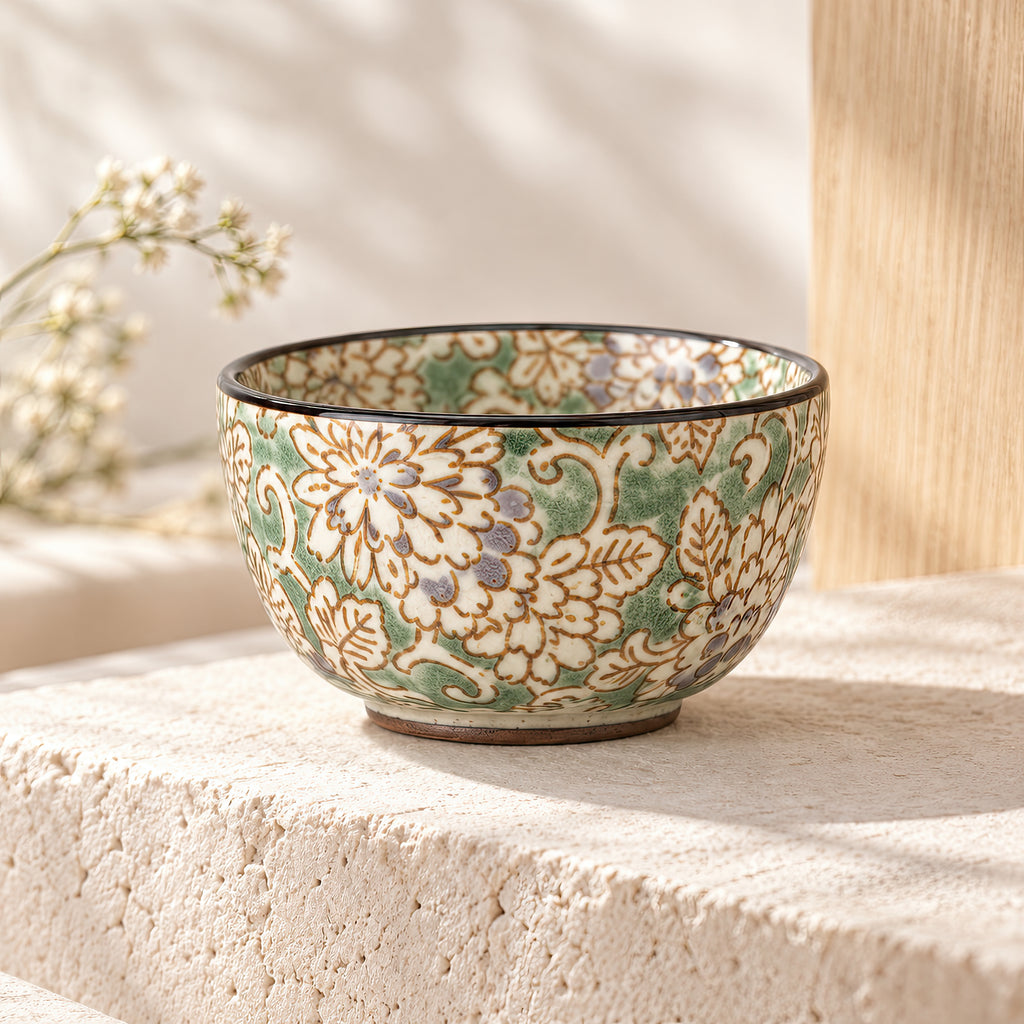 Hana Karakusa Mini Cup Yellow Green Japanese floral ceramic