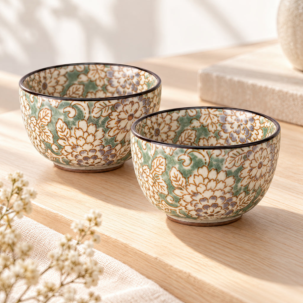 Hana Karakusa Mini Cup Yellow Green Japanese floral ceramic