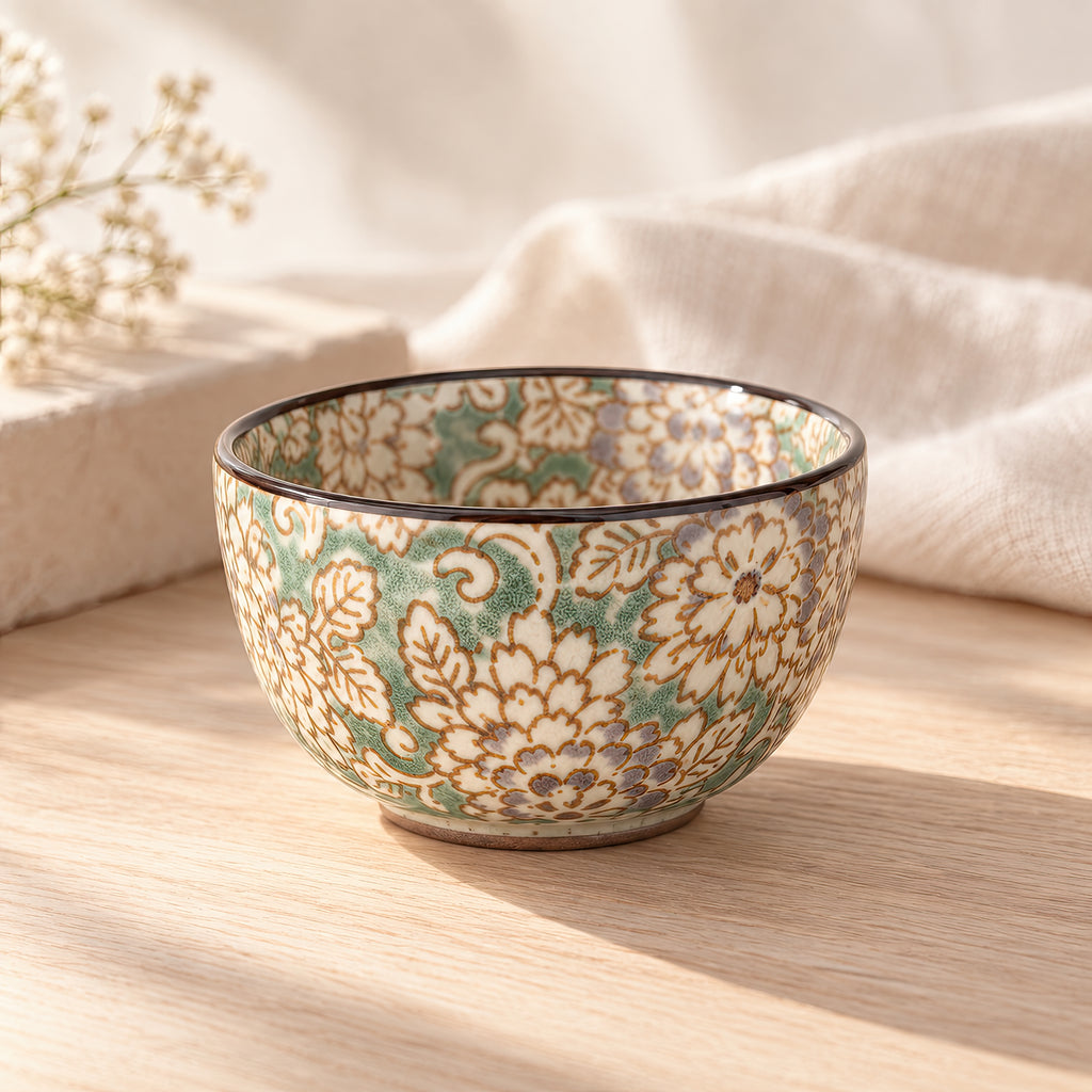 Hana Karakusa Mini Cup Yellow Green Japanese floral ceramic