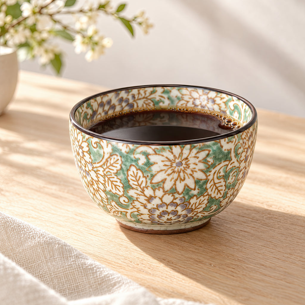 Hana Karakusa Mini Cup Yellow Green Japanese floral ceramic