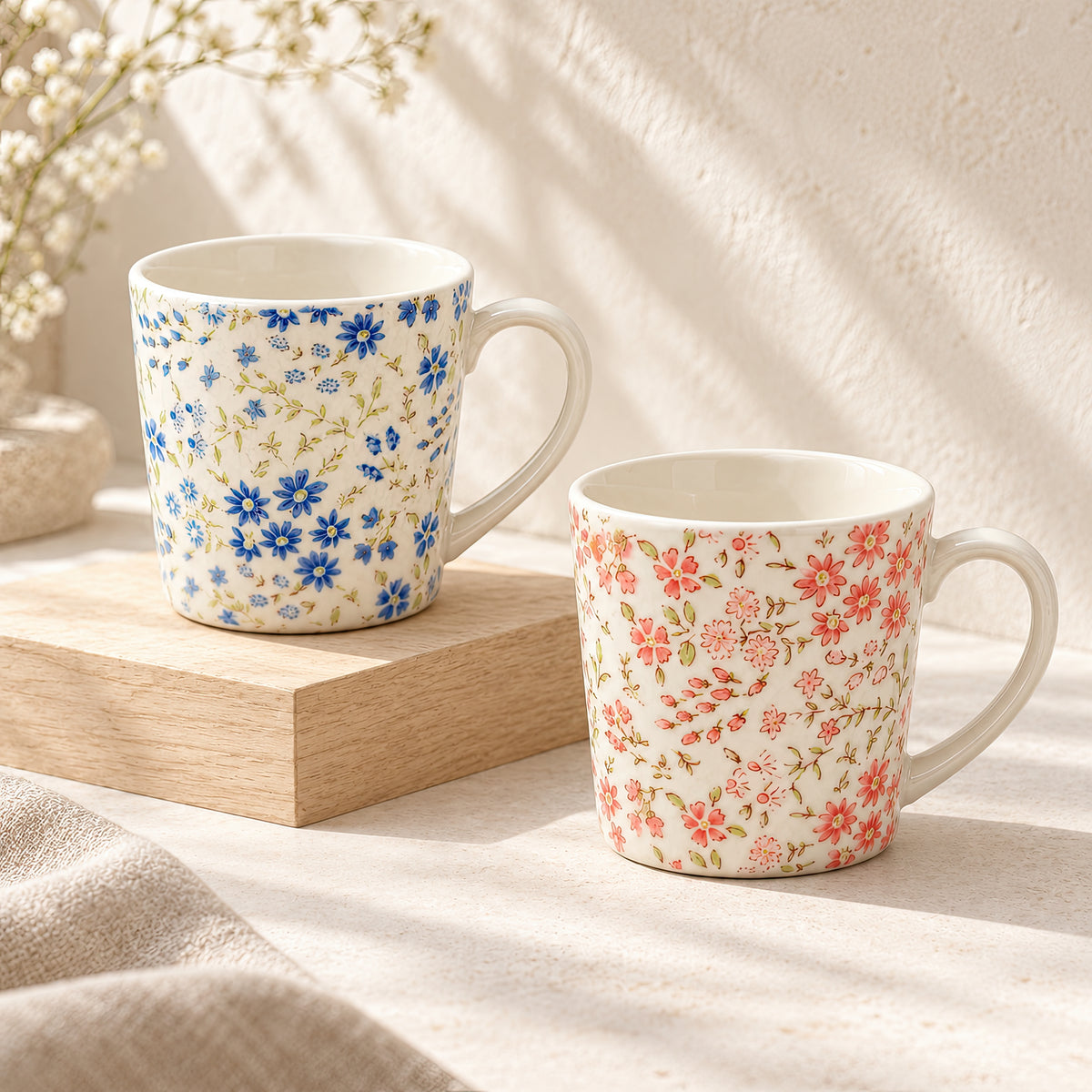Hana Karakusa Floral Mug Set — Blue & Pink (2 Pieces) — blue and pink two-mug set together