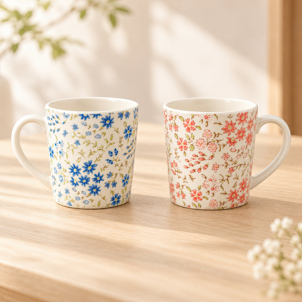 Hana Karakusa floral mug set, blue and pink mugs sold as a pair