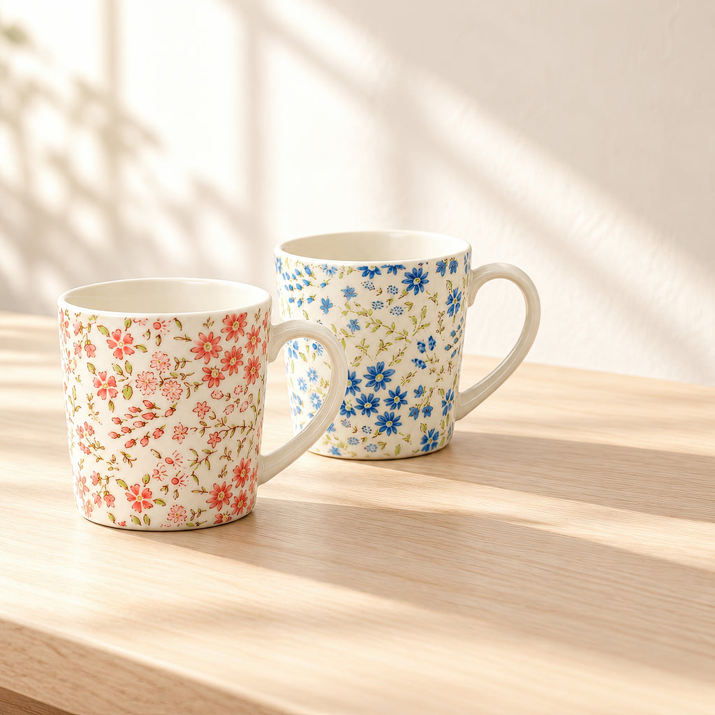Hana Karakusa floral mug set, blue and pink mugs sold as a pair