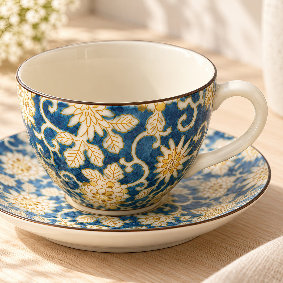 Hana Karakusa Arabesque Tea Cup & Saucer — Blue — floral ceramic close-up
