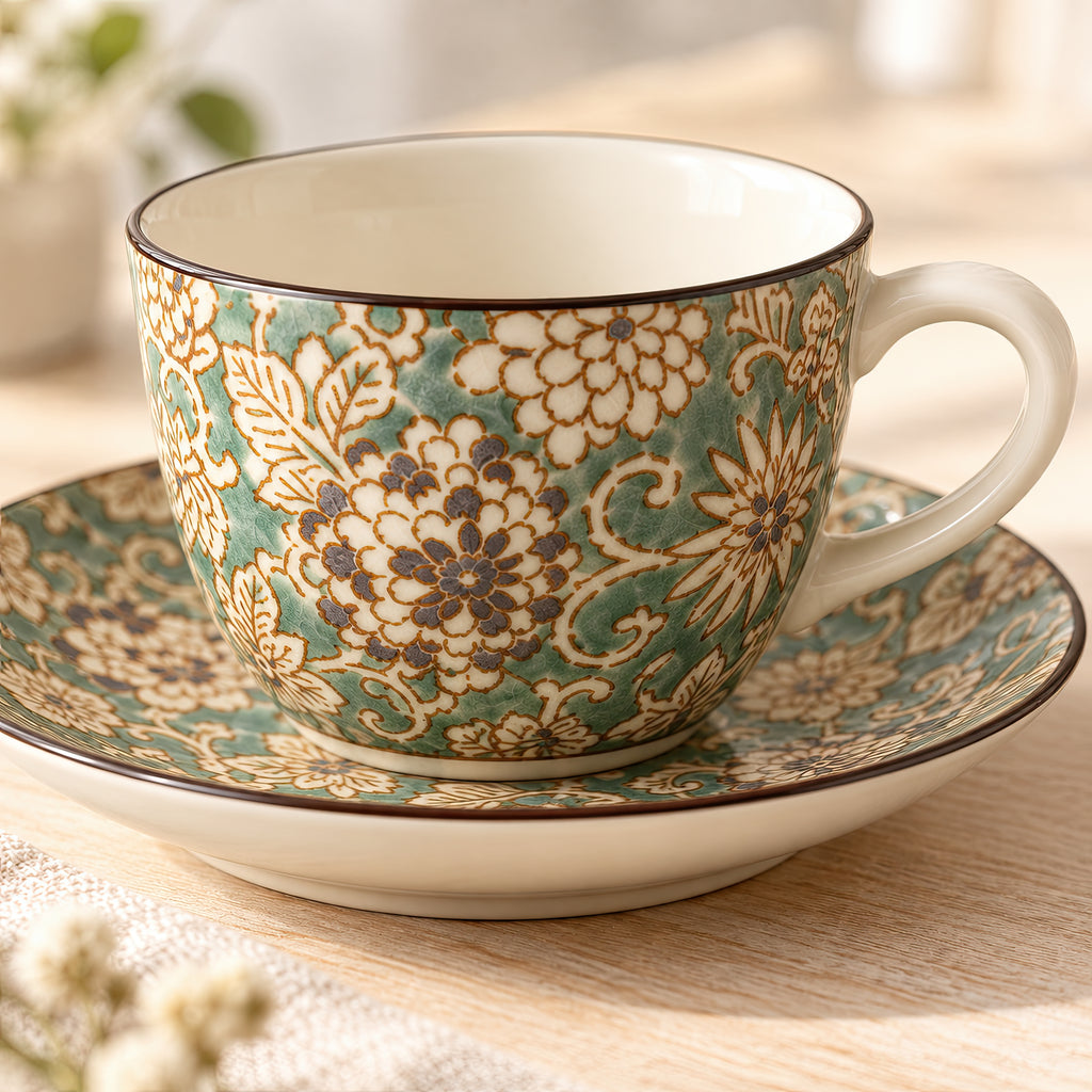 Hana Karakusa Arabesque Tea Cup & Saucer — Green — floral ceramic close-up