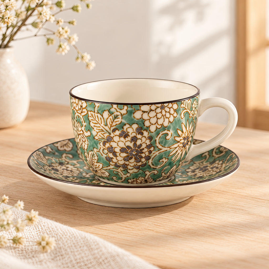 Hana Karakusa Tea Cup & Saucer A Green ceramic cup and saucer