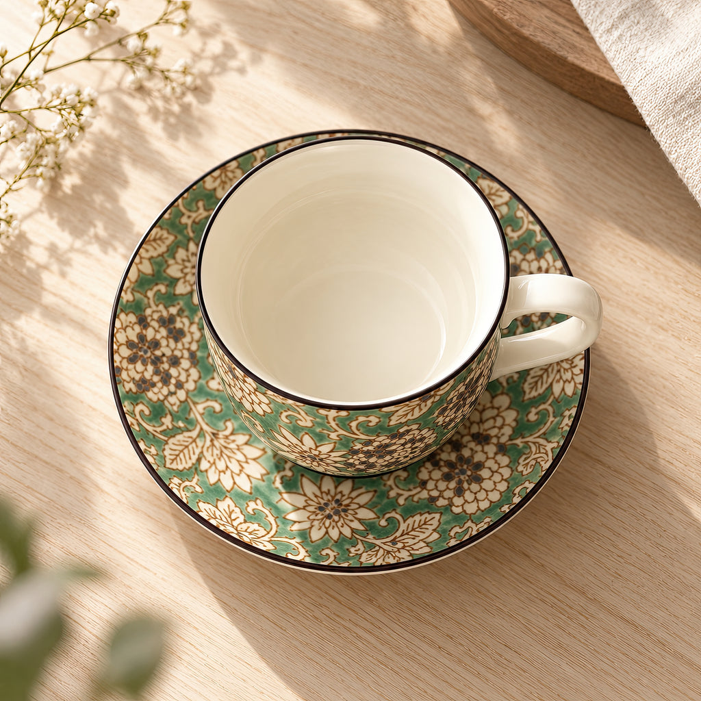 Hana Karakusa Tea Cup & Saucer A Green ceramic cup and saucer