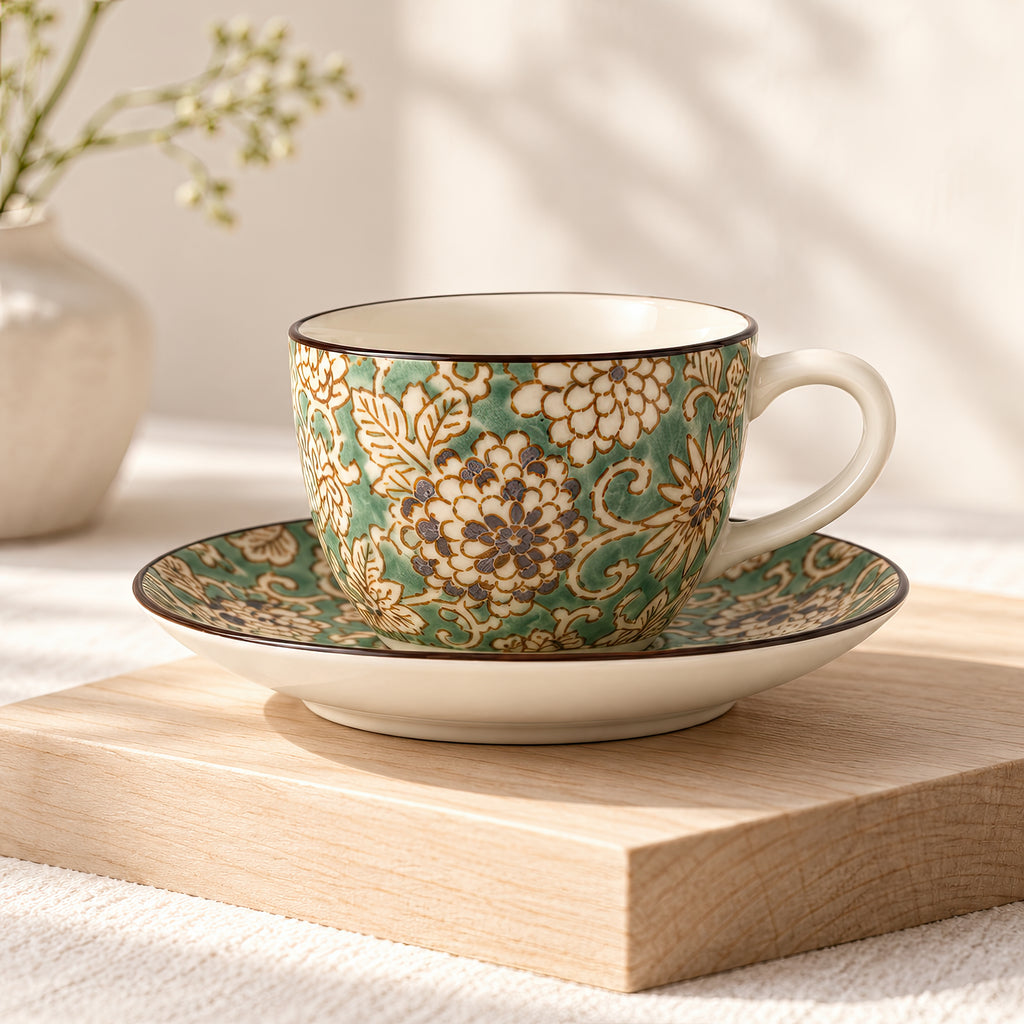 Hana Karakusa Tea Cup & Saucer A Green ceramic cup and saucer
