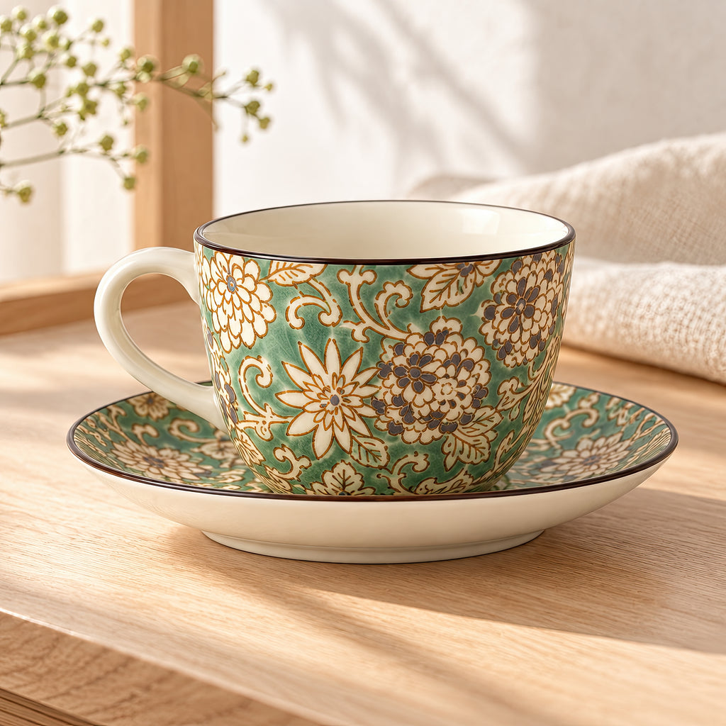 Hana Karakusa Tea Cup & Saucer A Green ceramic cup and saucer