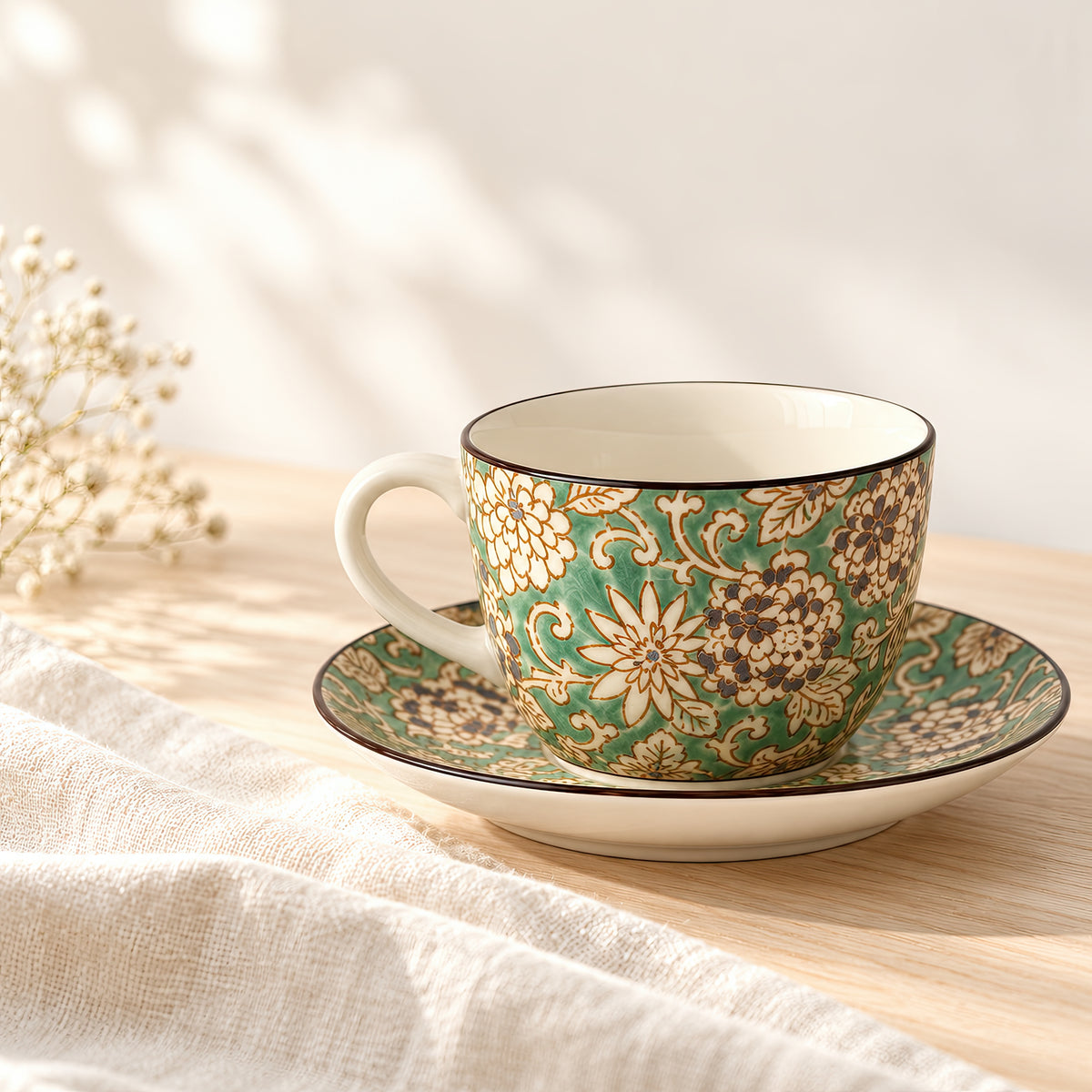 Hana Karakusa Tea Cup & Saucer A Green ceramic cup and saucer